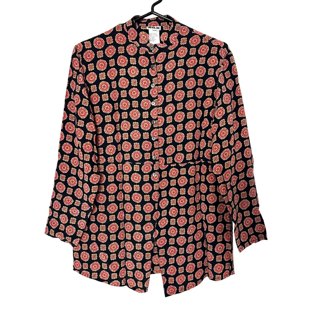 vintage SILX Blouse Women 2P Black red 100% Silk Medallion Mandarin Collar boho
